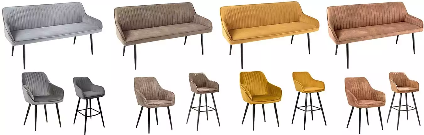 chaise haute, chaise et banquette en tissu et velours